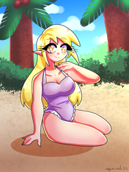 Size: 1800x2400 | Tagged: safe, artist:mylittleyuri, derpy hooves, human, g4, blushing, bush, clothes, cloud, coconut, coconut tree, cute, derpabetes, elf ears, female, food, humanized, kneeling, one-piece swimsuit, palm tree, sand, solo, swimsuit, tree