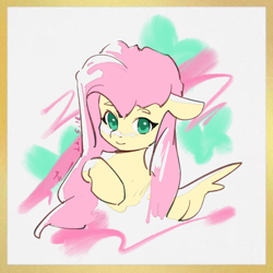 Size: 960x960 | Tagged: safe, artist:lendftcn, fluttershy, pegasus, pony, g4, abstract background, bust, cute, female, floppy ears, hoof on chest, looking at you, mare, shyabetes, smiling, smiling at you, solo, spread wings, three quarter view, wings