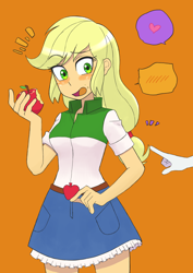 Size: 2894x4093 | Tagged: safe, artist:haibaratomoe, applejack, rarity, human, equestria girls, g4, apple, belt, blushing, clothes, denim, denim skirt, duo, eating, female, food, freckles, hand, heart, lesbian, offscreen character, open mouth, orange background, pointing, ship:rarijack, shipping, shirt, simple background, skirt, speech bubble
