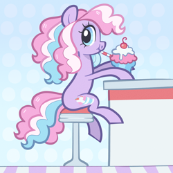 Size: 5000x5000 | Tagged: safe, artist:pilesofmiles, oc, oc:ice cream split, earth pony, pony, g1, g4, diner, drink, drinking straw, food, g1 to g4, generation leap, looking at you, milkshake, multicolored hair, polka dot background, scenery, show accurate, sitting, solo