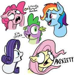 Size: 2052x2089 | Tagged: safe, artist:doodledonutart, fluttershy, pinkie pie, rainbow dash, rarity, spike, dragon, earth pony, pegasus, pony, unicorn, g4, anxiety, anxious, bored, bust, derp, dialogue, faic, female, high res, male, mare, simple background, white background