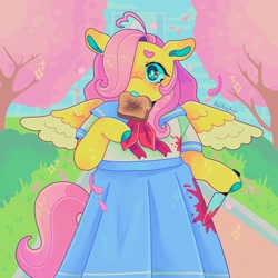 Size: 1440x1440 | Tagged: safe, artist:ariariari.png, fluttershy, pegasus, pony, semi-anthro, g4, arm hooves, blood, bloody knife, bread, clothes, food, hair over one eye, knife, sailor uniform, schoolgirl toast, solo, spread wings, toast, uniform, wings