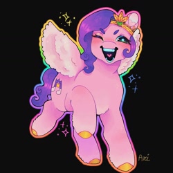 Size: 1440x1440 | Tagged: safe, artist:ariariari.png, pipp petals, pegasus, pony, g5, black background, colored hooves, crown, green eyes, heart tongue, jewelry, one eye closed, regalia, simple background, smiling, solo, spread wings, wings, wink