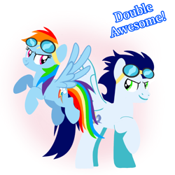Size: 1800x1800 | Tagged: safe, artist:mlplary6, rainbow dash, soarin', pegasus, pony, g4, boyfriend and girlfriend, duo, female, flying, goggles, goggles on head, looking at each other, looking at someone, male, mare, ship:soarindash, shipping, simple background, smiling, smiling at each other, stallion, straight, text