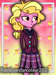 Size: 768x1024 | Tagged: safe, artist:rainbowstarcolour262, part of a set, taffy shade, human, series:equ wallpapers, equestria girls, g4, my little pony equestria girls: friendship games, abstract background, background human, blonde hair, bowtie, clothes, crystal prep academy uniform, crystal prep shadowbolts, cutie mark background, female, freckles, hand behind back, lipstick, part of a series, plaid skirt, pleated skirt, school uniform, shirt, signature, skirt, solo