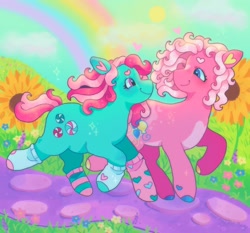 Size: 1440x1343 | Tagged: safe, artist:ariariari.png, minty, pinkie pie (g3), earth pony, pony, g3, clothes, duo, female, flower, heart, heart ears, lesbian, rainbow, ship:mintypie, shipping, socks, sunflower, that pony sure does love socks, trail