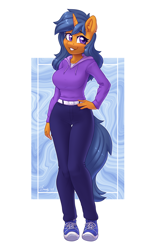 Size: 2208x3508 | Tagged: safe, artist:dandy, oc, oc only, unicorn, anthro, plantigrade anthro, belt, breasts, clothes, commission, ear fluff, hand on hip, high res, horn, looking at you, pants, shirt, shoes, simple background, smiling, smiling at you, sneakers, solo, sweatshirt, unicorn oc, white background