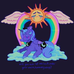 Size: 1440x1440 | Tagged: safe, artist:ariariari.png, princess luna, alicorn, pony, g4, black background, cloud, crying, rainbow, s1 luna, simple background, solo, spread wings, sun, text, wings