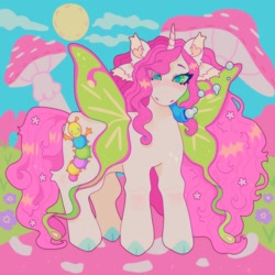 Size: 1440x1440 | Tagged: safe, artist:ariariari.png, oc, oc only, oc:periwinkle, pony, unicorn, bubble, cloven hooves, color porn, flower, four ears, insect wings, mushroom, sky, solo, sun, winged unicorn, wings