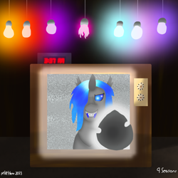 Size: 2560x2560 | Tagged: safe, artist:mlphero, oc, oc only, oc:heroine, changeling, digital art, high res, lightbulb, reaching, television