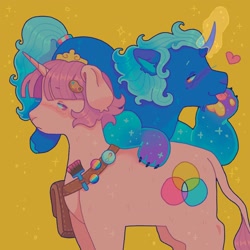 Size: 1440x1440 | Tagged: safe, artist:ariariari.png, oc, oc only, oc:cinnamon satin, oc:northern crown, donkey, hybrid, mule, pony, unicorn, g4, chaos magic, duo, heart, neurodivergent, paintbrush, pansexual, pansexual pride flag, pride, pride flag, simple background, transgender, transgender oc, transgender pride flag, yellow background