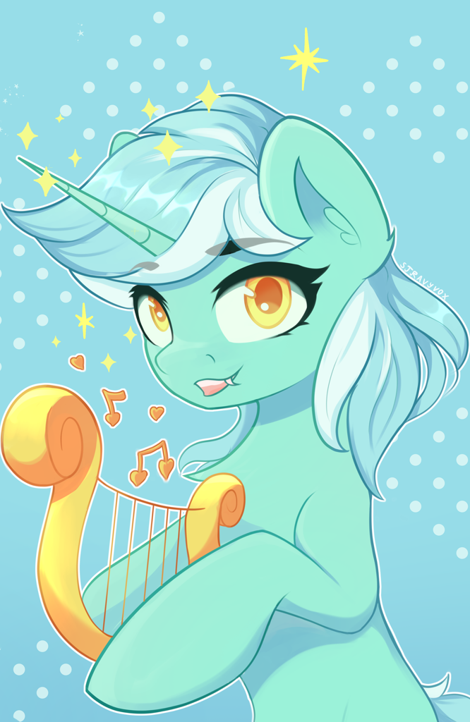 [fangs,looking at you,lyra heartstrings,lyre,music notes,pony,safe,solo,sparkles,unicorn,musical instrument,abstract background,smiling,colored pupils,artist:stravy_vox]