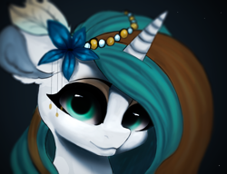 Size: 1954x1500 | Tagged: safe, artist:minckies, oc, oc only, pony, unicorn, black background, bust, ear fluff, flower, flower in hair, horn, simple background, solo, unicorn oc