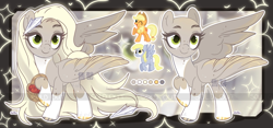 Size: 2013x941 | Tagged: safe, artist:koribooo, applejack, derpy hooves, oc, earth pony, pegasus, pony, g4, bald, coat markings, female, magical lesbian spawn, mare, offspring, parent:applejack, parent:derpy hooves, pegasus oc, raised hoof, smiling, socks (coat markings)