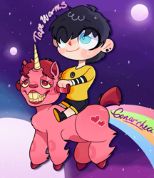 Size: 825x957 | Tagged: safe, artist:xtackyfairyx, oc, oc only, human, pony, unicorn, clothes, creepy face, duo, eye clipping through hair, flying, full moon, horn, moon, night, outdoors, rainbow, riding, riding a pony, shorts, stars, unicorn oc