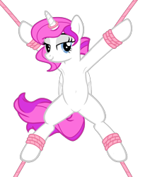 Size: 3495x4259 | Tagged: safe, artist:equestria secret guard, artist:rumblemlpatarster, oc, oc only, oc:snow field, alicorn, pony, alicorn oc, armpits, base used, bedroom eyes, belly, belly button, bondage, featureless crotch, female, helpless, horn, horn ring, looking at you, lying down, magic suppression, mare, medibang paint, ring, rope, rope bondage, sexy, show accurate, simple background, solo, spread eagle, spread legs, spread wings, spreading, transparent background, wings