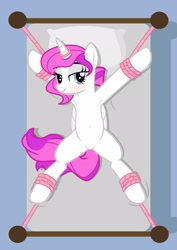 Size: 1536x2166 | Tagged: safe, artist:equestria secret guard, artist:rumblemlpatarster, oc, oc only, oc:snow field, alicorn, pony, alicorn oc, armpits, base used, bed, bedroom eyes, belly, belly button, bondage, featureless crotch, female, helpless, horn, horn ring, looking at you, lying down, magic suppression, mare, medibang paint, on back, on bed, ring, rope, rope bondage, sexy, show accurate, simple background, solo, spread eagle, spread legs, spread wings, spreading, tied to bed, wings