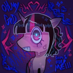 Size: 1440x1440 | Tagged: safe, artist:ariariari.png, twilight sparkle, pony, unicorn, g4, furrowed brow, looking at you, lyrics, solo, staring at you, staring into your soul, sweat, sweatdrops, text, unicorn twilight