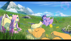 Size: 3734x2158 | Tagged: safe, artist:applehare, applejack, fluttershy, twilight sparkle, alicorn, earth pony, pegasus, pony, g4, cute, dandelion, eyes closed, female, grass, grass field, hair over one eye, high res, jackabetes, looking up, lying down, mare, mountain, on back, prone, scenery, shyabetes, straw in mouth, trio, twiabetes, twilight sparkle (alicorn)