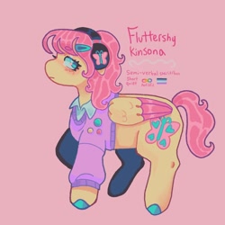 Size: 1440x1440 | Tagged: safe, artist:ariariari.png, fluttershy, oc, pegasus, pony, g4, alternate cutie mark, alternate hairstyle, asexual, asexual pride flag, colored hooves, colored wings, hairclip, headphones, kinsona, neopronouns, neurodivergent, pink background, pins, ponysona, pride, pride flag, pronouns, simple background, solo, sweater vest, two toned wings, wings