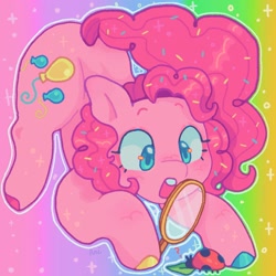 Size: 1440x1440 | Tagged: safe, artist:ariariari.png, pinkie pie, earth pony, insect, ladybug, pony, g4, alternate versions at source, confetti, magnifying glass, solo