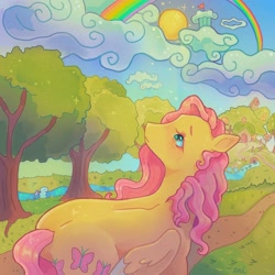Size: 1440x1440 | Tagged: safe, artist:ariariari.png, fluttershy, pegasus, pony, g4, alternate versions at source, cloud, cloudsdale, color porn, rainbow, river, sky, solo, sun, trail, tree, water