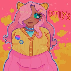 Size: 1440x1440 | Tagged: safe, artist:ariariari.png, fluttershy, human, g4, bisexual pride flag, bisexuality, clothes, dark skin, draw this in your style, ear piercing, earring, fat, hairpin, human coloration, humanized, jewelry, necklace, neurodivergent, pearl necklace, piercing, pony ears, pride, pride flag, solo, sweater