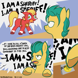 Size: 1920x1920 | Tagged: safe, artist:theratedrshimmer, hitch trailblazer, sprout cloverleaf, earth pony, pony, g5, angry, comic, crying, dialogue, i am a surgeon, implied zap bees, male, meme, ponified meme, sheriff, stallion, text, the good doctor, this will end in pain, this will end in tears, unamused, yelling