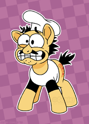 Size: 1000x1400 | Tagged: safe, artist:oomles, earth pony, pony, checkered background, chef's hat, crossover, hat, male, peppino spaghetti, pizza tower, ponified, rule 85, solo, stallion