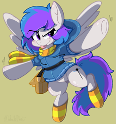 Size: 1011x1074 | Tagged: safe, artist:malachimoet, oc, oc only, pegasus, pony, bag, clothes, coat, cute, green background, male, pegasus oc, scarf, simple background, socks, solo, spread wings, striped socks, wings