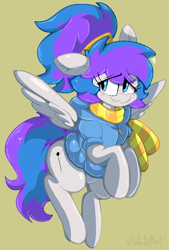 Size: 852x1259 | Tagged: safe, artist:malachimoet, oc, oc only, pegasus, pony, clothes, coat, cute, green background, pegasus oc, ponytail, rule 63, scarf, shy, simple background, solo, spread wings, wings