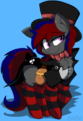 Size: 608x887 | Tagged: safe, artist:malachimoet, oc, oc only, oc:velvet soulstone, earth pony, pony, blue background, bowtie, chest fluff, clothes, cyan background, earth pony oc, fancy, hat, male, self insert, simple background, socks, solo, striped socks, suit, top hat