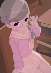 Size: 2480x3508 | Tagged: safe, artist:でかすじ, silver spoon, human, equestria girls, g4, blushing, book, clothes, explicit source, female, glasses, high res, implied lolicon, indoors, looking at you, sitting, skirt, solo