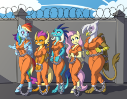 Size: 3200x2500 | Tagged: safe, artist:hinzenart, fluttershy, gilda, princess ember, rainbow dash, smolder, dragon, anthro, digitigrade anthro, unguligrade anthro, g4, bound wings, breasts, chained, chains, clothes, commissioner:rainbowdash69, cuffed, dragoness, female, group, high res, jumpsuit, lizard breasts, never doubt rainbowdash69's involvement, prison outfit, prisoner ember, prisoner fs, prisoner gilda, prisoner rd, prisoner smolder, quintet, shackles, wings