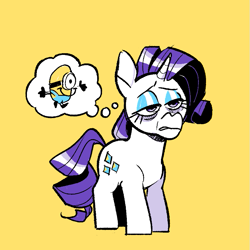 Size: 733x733 | Tagged: safe, artist:kyssimmee, rarity, pony, unicorn, g4, bags under eyes, female, lidded eyes, mare, minions, simple background, solo, thought bubble, yellow background