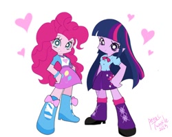 Size: 1024x811 | Tagged: safe, artist:petaltwinkle, pinkie pie, twilight sparkle, human, equestria girls, g4, anime, duo, female, floating heart, grin, hand on hip, heart, looking at you, panty and stocking with garterbelt, signature, simple background, smiling, smiling at you, style emulation, white background