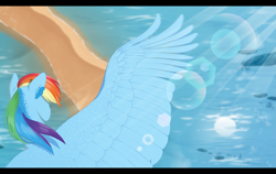 Size: 3531x2232 | Tagged: safe, artist:applehare, rainbow dash, pegasus, pony, g4, facing away, female, flying, high res, large wings, lens flare, mare, ocean, overhead view, solo, spread wings, water, wings