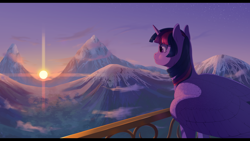 Size: 2500x1406 | Tagged: safe, artist:applehare, twilight sparkle, alicorn, pony, g4, balcony, facing away, female, looking at something, looking away, mare, mountain, mountain range, outdoors, solo, sun, sunset, twilight sparkle (alicorn), wings