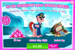 Size: 1965x1298 | Tagged: safe, gameloft, admiral fairy flight, pegasus, pony, g4, my little pony: magic princess, advertisement, bush, clothes, costs real money, english, female, folded wings, gem, hat, introduction card, mare, mobile game, numbers, sale, solo, text, wings