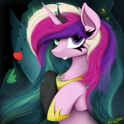 Size: 4000x4000 | Tagged: safe, artist:ser-p, princess cadance, queen chrysalis, alicorn, changeling, changeling queen, pony, g4, absurd resolution, fake cadance, floating heart, grin, heart, mid-transformation, smiling