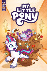 Size: 2063x3131 | Tagged: safe, artist:agnesgarbowska, idw, official comic, pipp petals, zipp storm, pegasus, pony, g5, official, spoiler:comic, spoiler:g5, spoiler:g5comic, spoiler:g5comic18, brush, candle, comic cover, cover, cover art, cucumber, cutie mark swap, duo, duo female, feathered fetlocks, female, flood, flower, food, high res, look out, mare, mud, muddy pipp, my little pony logo, open mouth, royal sisters (g5), running away, siblings, sisters, swapped cutie marks, towel, unshorn fetlocks