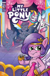 Size: 2063x3131 | Tagged: safe, artist:marybellamy, official comic, pipp petals, zipp storm, pegasus, pony, g5, idw, official, spoiler:comic, spoiler:g5, spoiler:g5comic, spoiler:g5comic18, :s, adorazipp, blushing, bow, chair, comic cover, curtains, cute, cutie mark swap, dancing, diadem, director, director's chair, female, headband, high res, jewelry, mare, multeity, my little pony logo, regalia, royal sisters (g5), siblings, sisters, smiling, spread wings, swapped cutie marks, unshorn fetlocks, upside down, wavy mouth, whistle, wings, zipparade