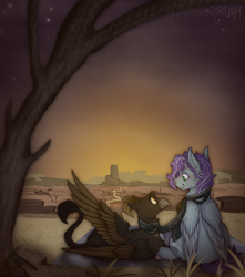 Size: 2300x2600 | Tagged: safe, artist:molars, oc, oc only, oc:adisen quill, oc:cloud watcher, griffon, pegasus, pony, fallout equestria, blanket, blue fur, blushing, clothes, commission, detailed background, folded wings, griffon oc, high res, leonine tail, purple mane, scarf, spread wings, stars, sunset, tail, tree, wasteland, wings