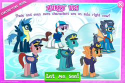 Size: 1963x1302 | Tagged: safe, gameloft, admiral fairy flight, colonel purple dart, general flash, rumble, star hunter, earth pony, pegasus, pony, g4, my little pony: magic princess, advertisement, aviator goggles, clothes, english, facial hair, female, flight suit, folded wings, glasses, glider, goggles, hat, male, mare, mobile game, moustache, older, older rumble, skydreamer, spread wings, stallion, text, wings