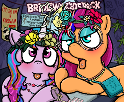 Size: 1318x1080 | Tagged: safe, alternate version, artist:sluttershy, izzy moonbow, sunny starscout, earth pony, kirin, pony, unicorn, banned from equestria daily, g5, alternate hairstyle, bridlewood, bridlewoodstock, drug use, drugs, female, floral head wreath, flower, flower in hair, glasses, jewelry, lsd, mane stripe sunny, mare, marijuana, mushroom, necklace, pixel art, pixelated, poster, poster parody, style emulation, tent, tongue out