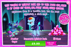 Size: 1962x1298 | Tagged: safe, gameloft, rainbow dash, bat pony, pony, g4, my little pony: magic princess, advertisement, alternate hairstyle, alternate timeline, armor, bush, cage, costs real money, english, female, gem, introduction card, mare, mobile game, mohawk, night guard, night guard dash, nightmare takeover timeline, numbers, sale, solo, spread wings, text, wings
