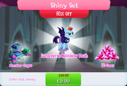 Size: 1267x857 | Tagged: safe, gameloft, rainbow dash, bat pony, pony, g4, my little pony: magic princess, alternate hairstyle, alternate timeline, armor, bundle, bush, cage, costs real money, english, female, gem, mare, mobile game, mohawk, night guard, night guard dash, nightmare takeover timeline, numbers, sale, shiny set, solo, spread wings, text, wings