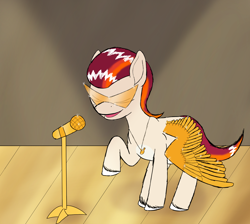 Size: 1900x1700 | Tagged: safe, artist:php176, derpibooru exclusive, part of a set, rocky riff, pegasus, pony, series:the grand equestria talent show, g5, dialogue in the description, eyes closed, jewelry, male, microphone, necklace, part of a series, raised hoof, singing, solo, sparkly, spotlight, stage, stage light, stallion, sunglasses, swishing tail, unshorn fetlocks