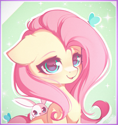 Size: 1539x1625 | Tagged: safe, artist:stahlkat, angel bunny, fluttershy, butterfly, pegasus, pony, rabbit, g4, abstract background, animal, colored eyebrows, cute, duo, duo male and female, female, floppy ears, half body, looking at you, male, mare, open mouth, open smile, peeking, shyabetes, signature, smiling, smiling at you, wingless