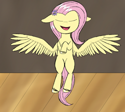 Size: 1900x1700 | Tagged: safe, artist:php176, derpibooru exclusive, part of a set, fluttershy, pegasus, pony, series:the grand equestria talent show, g4, cute, dialogue in the description, eyes closed, female, floppy ears, flower, flower in hair, flying, mare, open mouth, part of a series, shyabetes, smiling, solo, spread wings, stage, talent show, unshorn fetlocks, wings